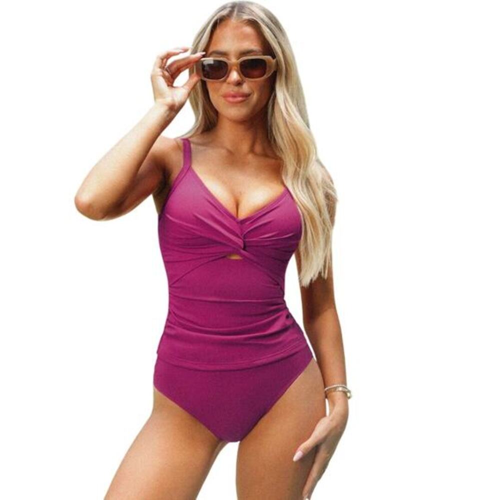 Cupshe Women's Maroon Keyhole Twist Tankini Top & High Cut Bottoms Set Small